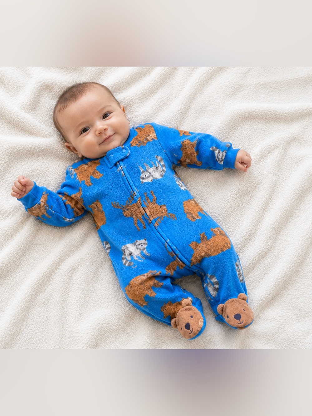 3/$25 Carter's Blue Fleece Footed One-Piece with Bears and Woodland Creatures
